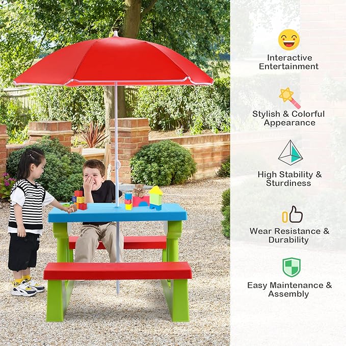 HONEY JOY Kids Picnic Table, Toddler Plastic Outdoor Table & Bench Set with Umbrella, Children Patio Furniture Set for Backyard Garden, Kids Picnic Tables for Outdoors, Gift for Boys Girls Age 3+