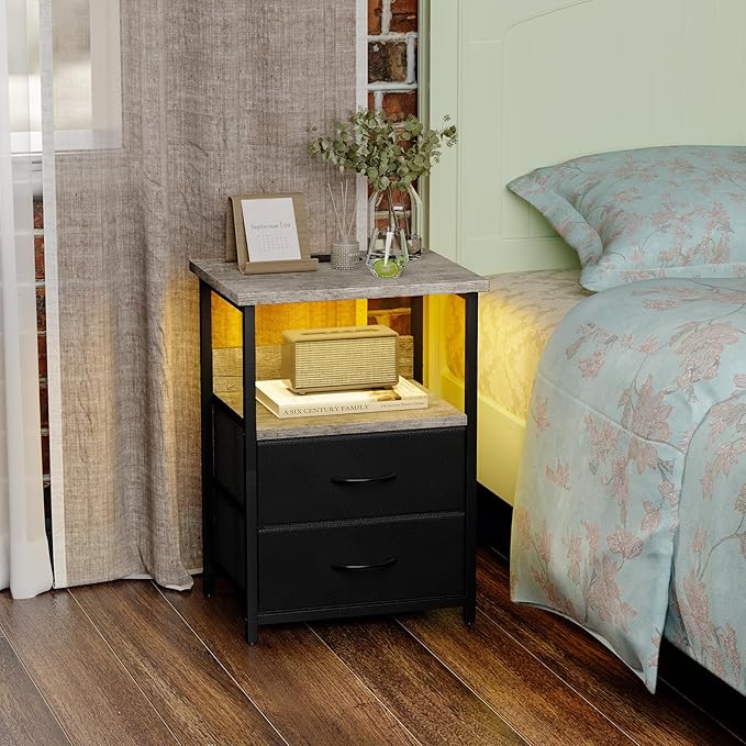 Fixwal Night Stand with Charging Station, LED Nightstand with U-S-B Ports and Outlets, 2 Fabric Storage Drawers with PU Finish, Bed Side Table, Greige