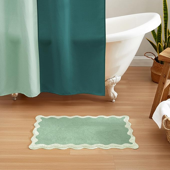 MONDAY MOOSE Bath Mat with Scalloped Wavy Ripple Design, Microfiber Absorbent Non Slip Tufted Rug for Floor, Shower or Kitchen (20x32 inch, Sage)