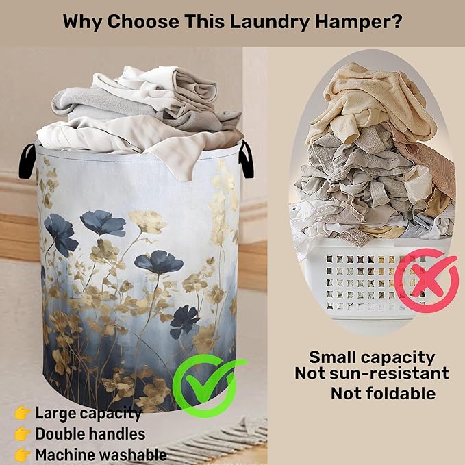 Blue Luxury Flowers Laundry Basket with Handles - Extra Large Foldable Hamper for Bathroom/Laundry/Bedroom/Dorm, Washable Fabric Storage Bin