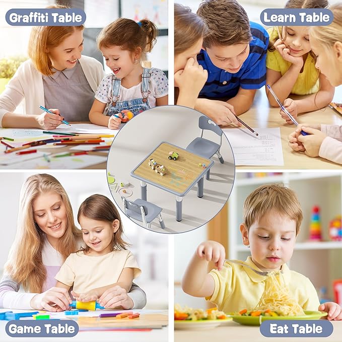 Brelley Kids Table and 2 Chairs Set, Height Adjustable Toddler Desk and Chair Set, Graffiti Desktop, Classroom/Daycare/Home, Children Multi-Activity Table for Ages 2-8