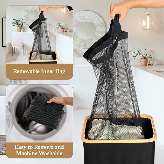 Laundry Hamper with Lid, Large Tall Clothes Basket Bin with Bamboo Handles, Collapsible Laundry Hamper for Bedroom, Bathroom, Dorm, Laundry Room, 100L Black