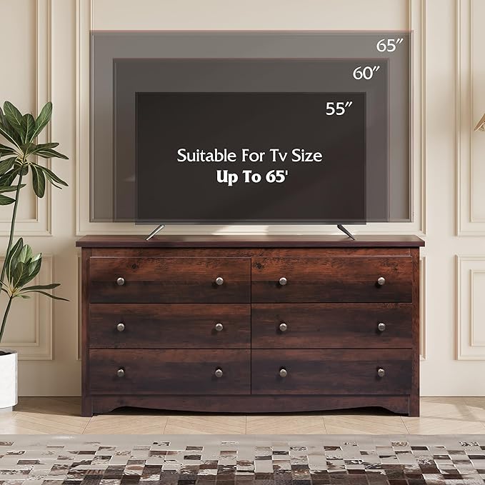 WLIVE Dresser for Bedroom, 59” Wide Chest of Drawers with 6 Drawer, Wood Long Nightstand with Drawers, Modern Large Storage Tower Unit, Closet Store Organizer for Living Room, Hallway, Brown