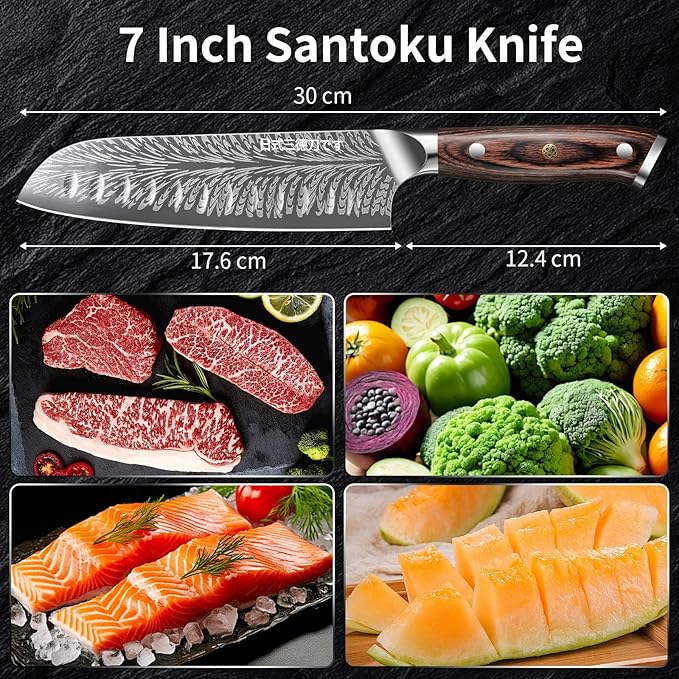 Plys Sharp Santoku Knife for Kitchen: Japanese 7 Inch Professional Chef Knives Stainless Steel Sharp Cutting Meat Cooking Cleaver