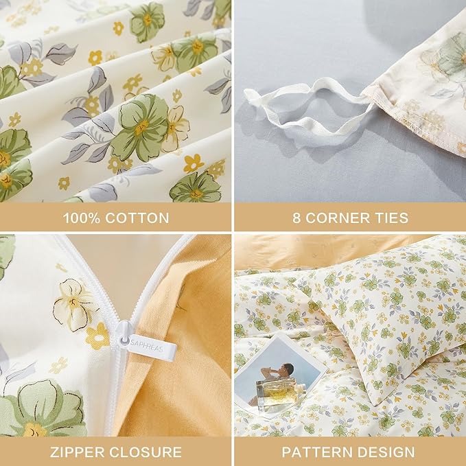 SAPHREAS Green Floral Duvet Cover Set Full Size 3pcs Botanical Blossom Bedding Comforter Cover Set 100% Cotton 1 Duvet Cover 90"x80" 2 Pillow Shams, Comforter Not Included
