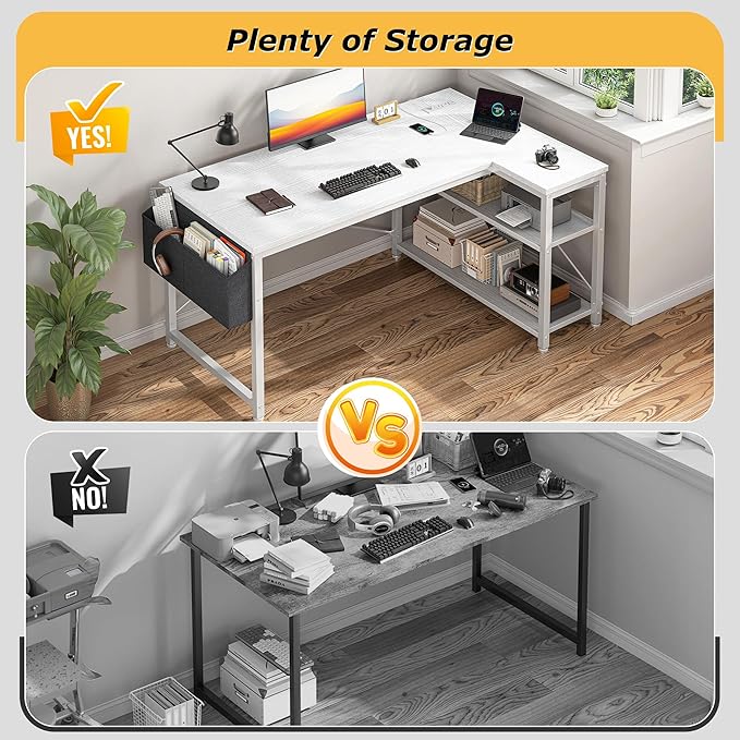 EnHomee 48 Inch L Shaped Gaming Desk, Computer Desk with Storage Shelves & Side Bag, Office Desk with Power Outlets, Small Corner Desk for Small Space Home Office Bedroom, Study Writing Table, White