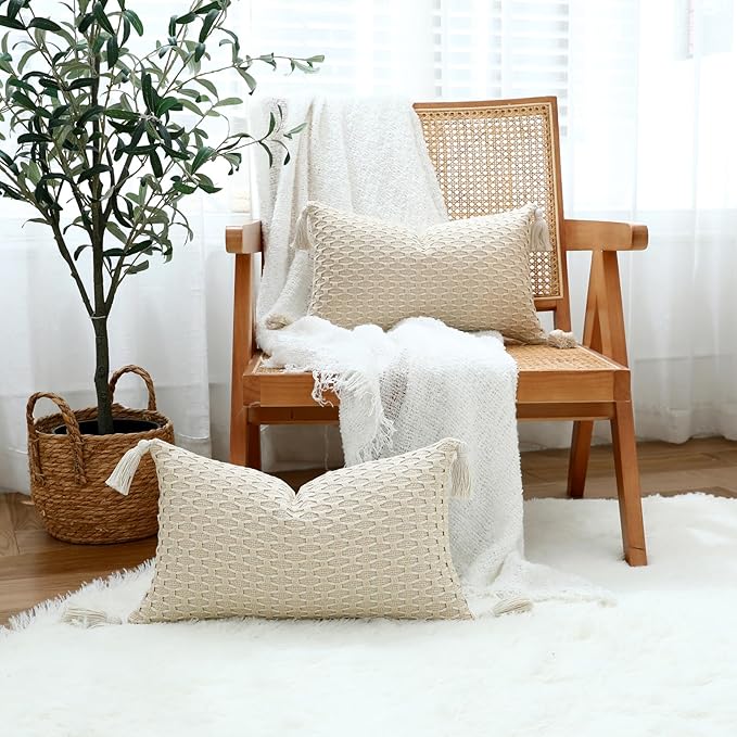 sykting Boho Outdoor Lumbar Pillow Covers 12x20 Set of 2 Thick Woven Neutral Beige Throw Pillow Covers with Tassels for Couch Sofa Living Room