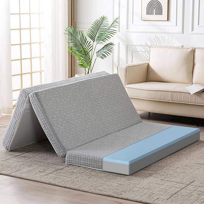Foldable Mattress, 4 Inch Memory Foam Guest Floor Mat, Tri Folding Portable Mattress for Kids and Adults, Washable Cover, Non-Slip Design, Full Grey (Size: 53" L x 74" W x 4" Th)