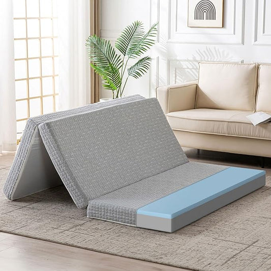 Foldable Mattress, 3 Inch Memory Foam Guest Floor Mat, Tri Folding Portable Mattress for Living Room/Camping, Washable Cover, Non-Slip Design, Twin Grey (Size: 38" L x 74" W x 3" Th)