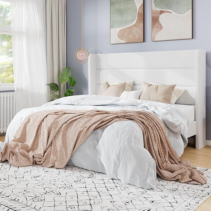 SHA CERLIN Full Size Velvet Bed Frame/Vertical Channel Tufted Wingback Headboard/Upholstered Platform Bed with Wooden Slats/Mattress Foundation/No Box Spring Needed/Easy Assembly/White