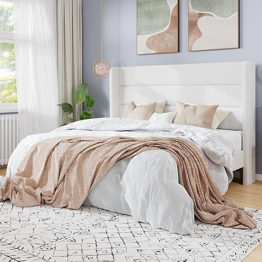 SHA CERLIN Full Size Velvet Bed Frame/Vertical Channel Tufted Wingback Headboard/Upholstered Platform Bed with Wooden Slats/Mattress Foundation/No Box Spring Needed/Easy Assembly/White
