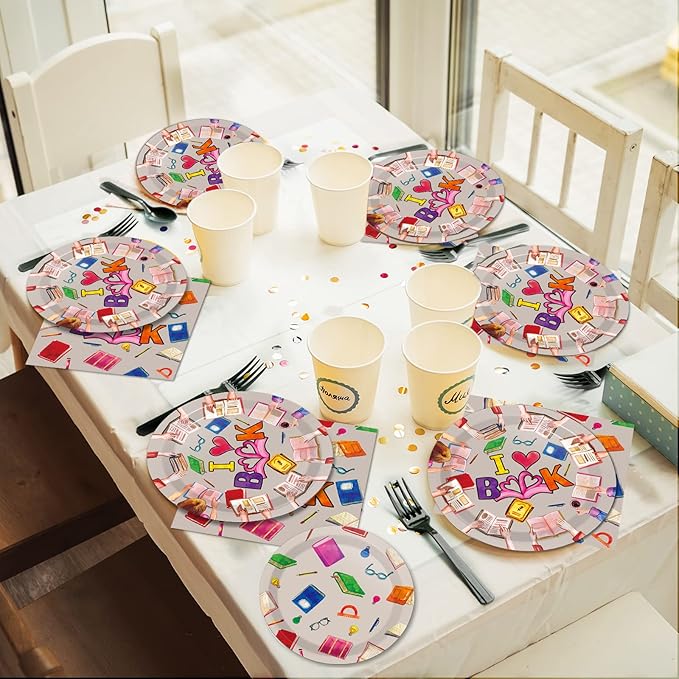 Wiooffen 96 Pcs Book Club Birthday Party Plates Napkins Tableware Set Book Themed Party Supplies Disposable Dinnerware Books Decoration Favors for Library Reading Party Table Decor, 24 Guests