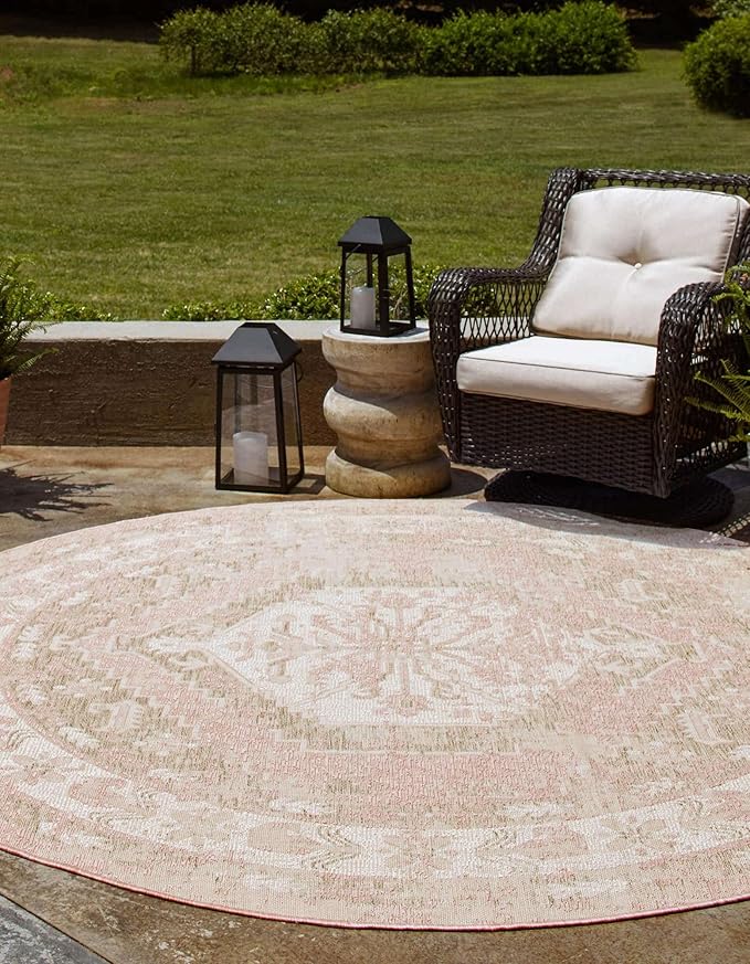 Unique Loom Outdoor Traditional Collection Area Rug - Valeria (10' Round, Pink/ Ivory)