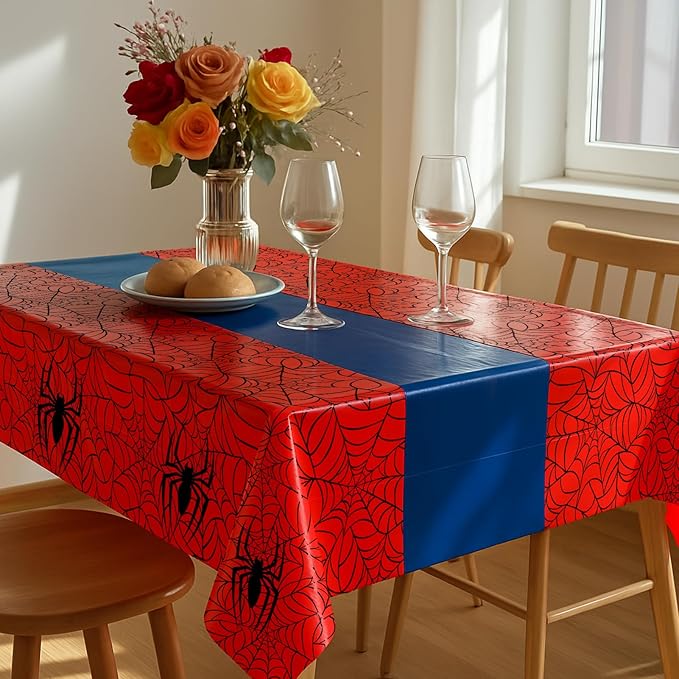 8Pcs 2in1 Spider Birthday Party Decorations Tablecloth, 54" x 108" Super Hero Table Cloth Disposable Rectangle Plastic Table Cover for Kids Baby Shower Wedding Party Supplies