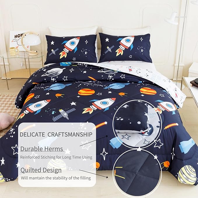 RYNGHIPY Kids Comforter Set, Full Size, Cute Space Rocket Bedding Set for Boys & Girls, Space Themed Teen Boy Bedding