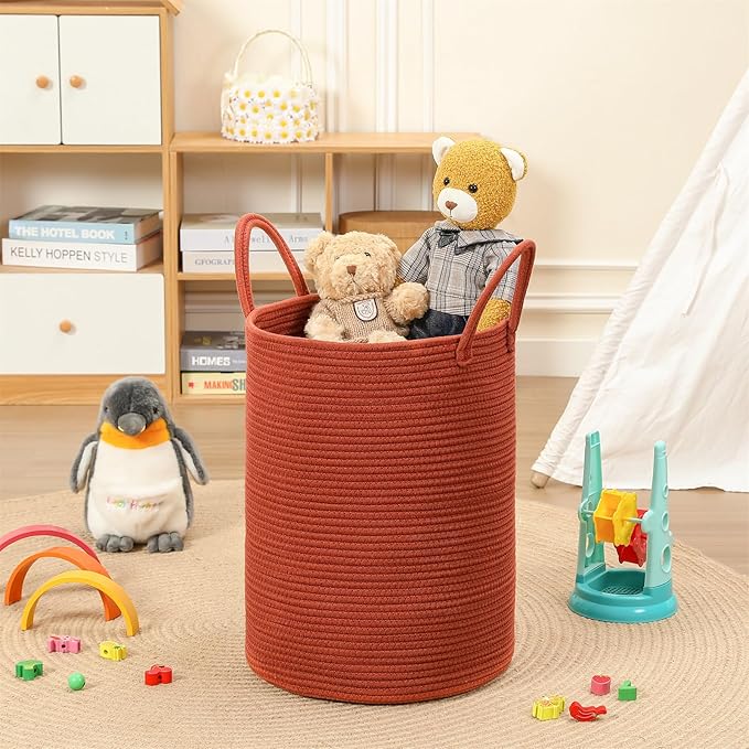 40L Woven Laundry Basket Hamper, 100% Natural Cotton Rope, Handwoven & Durable, Storage for Blankets, Toys, Clothes, Decorative Nursery Hamper for Living Room, Baby Room, Bedroom (Terracotta)