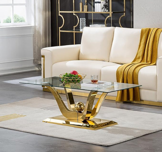 HomVent Modern Glass Coffee Table, with Stainless Steel, Living Room Table for Living Room Bedroom