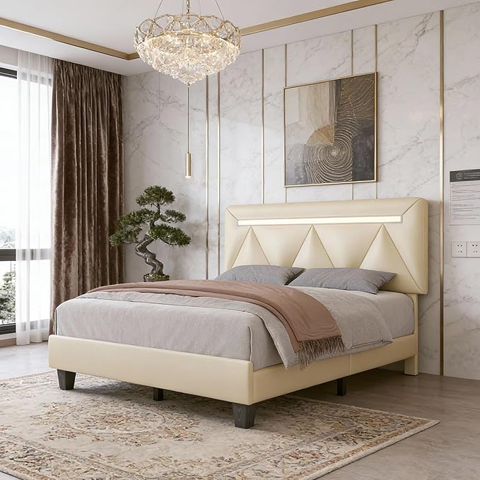 Queen Size Bed Frame with Bluetooth Speaker, LED Lights and Charging Station, Faux Leather Linen Fabric Adjustable Headboard,Modern Upholstered Bed, Wood Slat Support, Easy Assemble, Beige