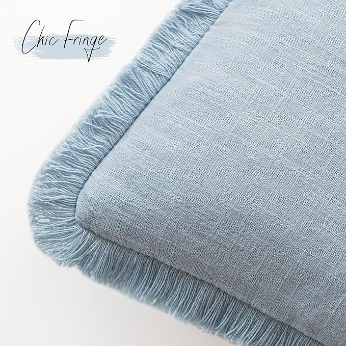 Foindtower Set of 2 Decorative Linen Fringe Throw Pillow Covers Cozy Boho Farmhouse Cushion Cover with Tassels Soft Accent Pillowcase for Couch Sofa Bed Living Room Home Decor,26×26 Inch,Sky Blue