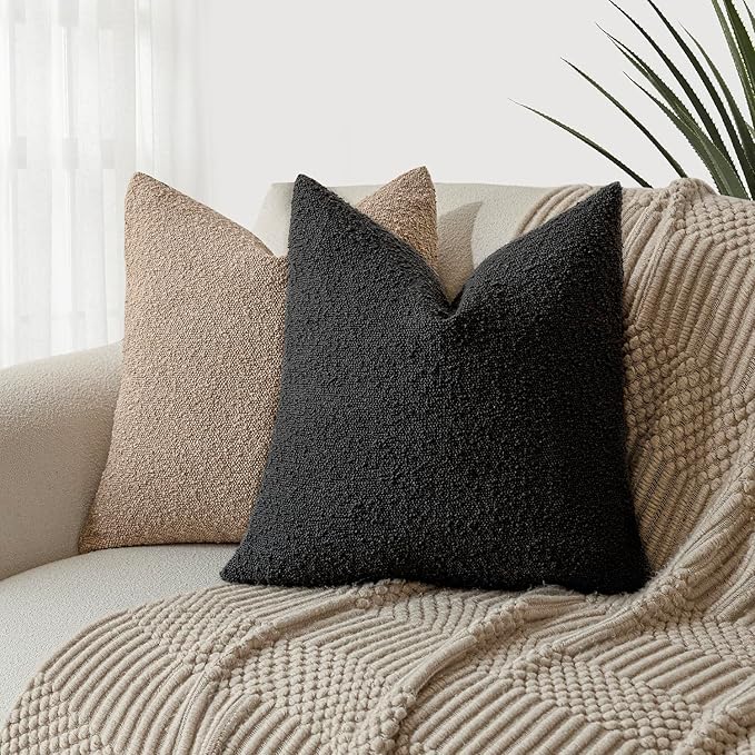 Foindtower Set of 2, Decorative Textured Boucle Throw Pillow Covers Accent Solid Pillow Cases Neutral Soft Cozy Couch Cushion Case for Chair Sofa Bedroom Living Room Home Decor 16 x 16 Inch Black