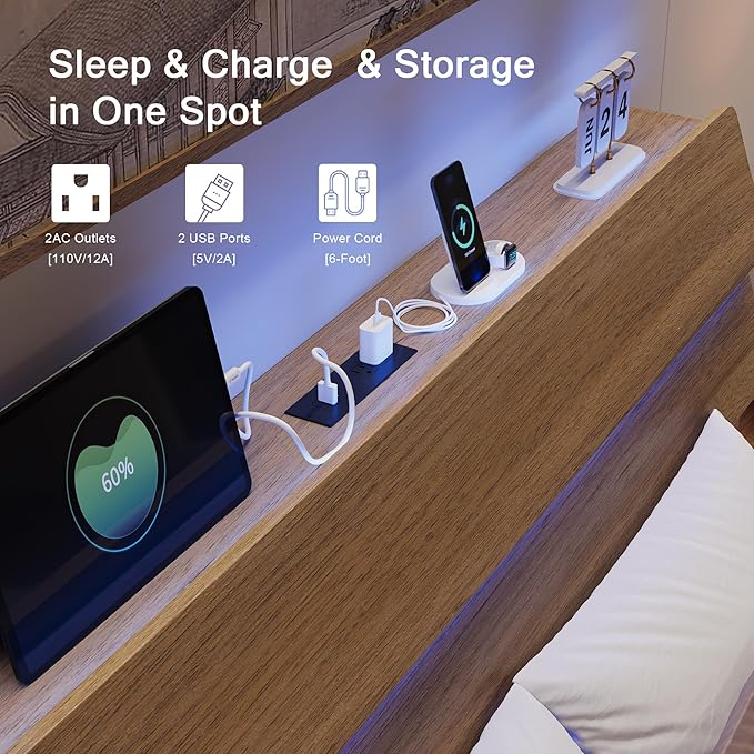 Queen Floating Bed Frame with Charging Station, Led Bed Frame with Wood Storage Headboard, Heavy Duty Metal Slats, No Box Spring Needed, Noise Free, Easy Assembly, Walnut