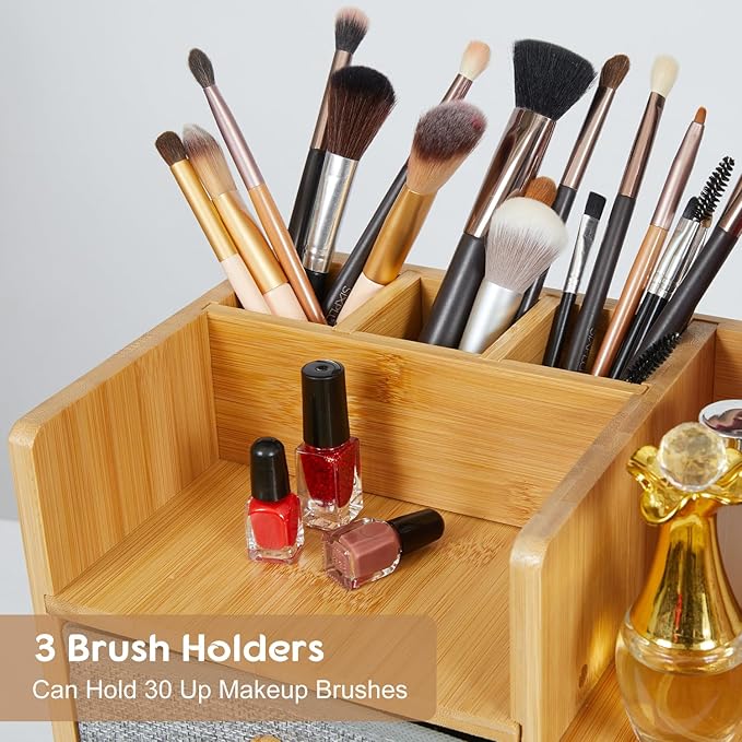 Makeup Organizer Countertop With Brush Holder For Vanity, Large Bamboo Bathroom Counter Organizers And Storage,Cosmetic Skincare Perfume Organizer With 3 Makeup Brush Holder/3 Drawer/7 Storage Shelves