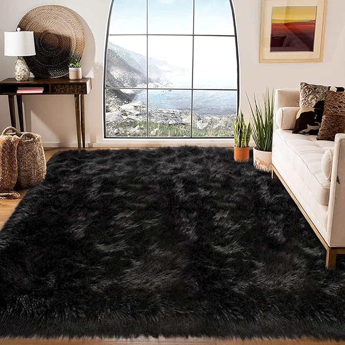 Latepis Black Shag Rugs 8x10, Faux Fur Sheepskin Rug for Living Room, Fluffy Washable Rug for Bedroom, Dorm, Luxury Room Decor, Rectangle
