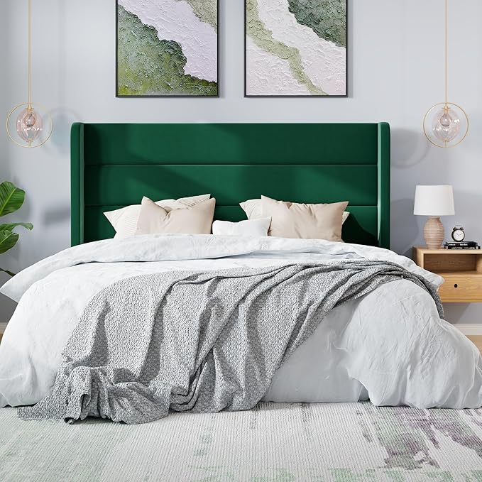 SHA CERLIN Queen Size Velvet Bed Frame/Vertical Channel Tufted Wingback Headboard/Upholstered Platform Bed with Wooden Slats/Mattress Foundation/No Box Spring Needed/Easy Assembly/Green