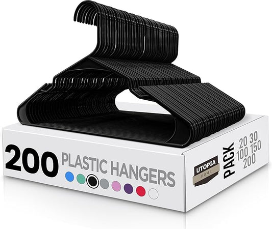 Utopia Home Plastic Hangers 200 Pack - Perfect Space Saving Clothes Hanger - Durable and Strong - Perfect Closet Organizers with Shoulder Grooves (Black)