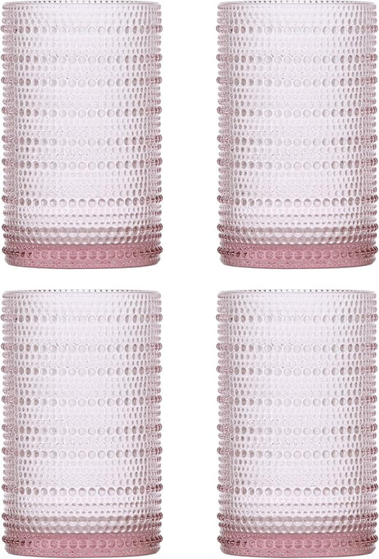Fortessa Jupiter Beaded Hobnail Glass, 13 Ounce Iced Beverage (Set of 4), Pink