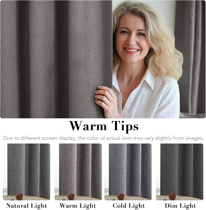 H.VERSAILTEX Linen Blackout Curtains 72 Inches Long 100% Absolutely Blackout Thermal Insulated Textured Linen Look Curtain Draperies Anti-Rust Grommet, Energy Saving with White Liner, 2 Panels, Grey