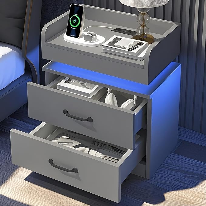 Nightstand with Charging Station, Night Stand with LED Lights, Modern Led End Table, Nightstands Set of 2, Night Stand with 2 Drawers, Bed Side Table with Storage for Living Room (2, Grey)