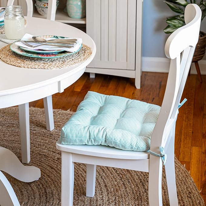 Barnett Home Decor Madrid Aqua Dining Chair Pad with Ties - Medium Size 18 Chair Cushion - Latex Foam Fill - Machine Washable, Reversible, 100% Cotton, Made in USA (Turquoise Gingham)