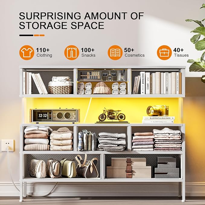 REAHOME Dresser TV Stand with Charging Station and LED Lights, 55” TV Stand Entertainment Center with 9 Drawers, Steel Frame, Large Storage Chest of Drawers for Bedroom, Living Room, White