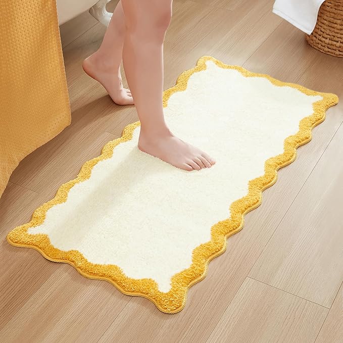 MONDAY MOOSE Bath Mat with Scalloped Wavy Ripple Design, Microfiber Absorbent Non Slip Tufted Rug for Floor, Shower or Kitchen (24x47 inch, Yellow)