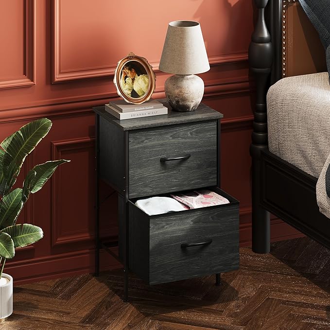 WLIVE Nightstand Set of 2, 2 Drawer Dresser for Bedroom, Small Dresser with 2 Drawers, Bedside Furniture, Night Stand, End Table for Bedroom, Dorm, Charcoal Black Wood Grain Print, Size L