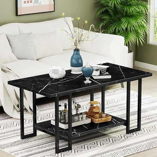 AWQM Marble Coffee Table, Faux Marble Top Rectangular Coffee Table with Black Metal Frame, 2 Tier Living Room Table for Living Room, Office, Balcony, Black, 40 Inch (GJ09)