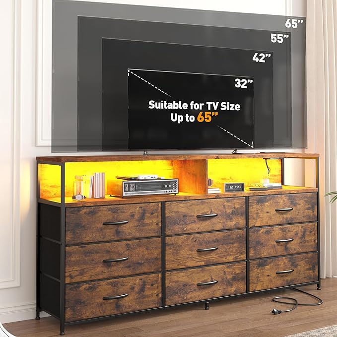 EnHomee 55” W Dresser for Bedroom with Charging Station & LED, 65" TV Stand for Bedroom with 9 Fabric Drawer & Open Storage Shelves for Closet, Rustic Brown, 11.81" D x 55.12" W x 35.43" H