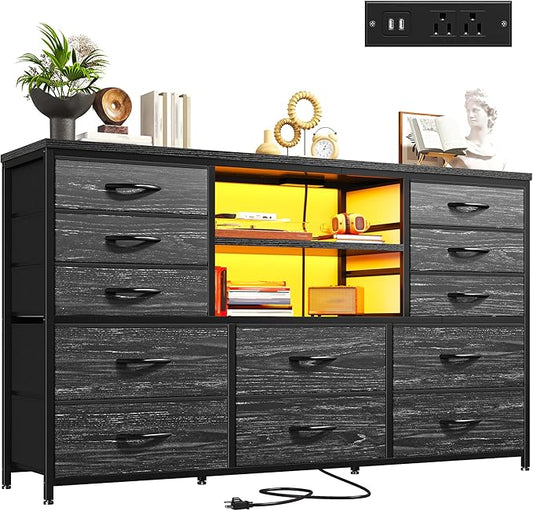 EnHomee Black Dresser with LED Lights & Power Outlets, 12 Drawers Dresser TV Stand for 60''TV Stand for Bedroom Fabric Dressers & Chest of Drawers, Sturdy Metal Frame, for Closet, Living Room,Hallway