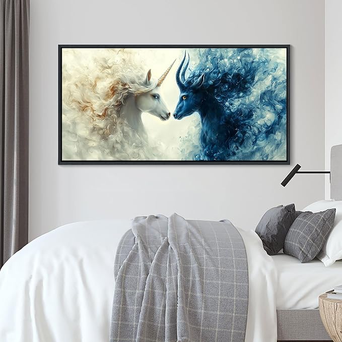 HKDGOKA Large Framed Wall Art, Blue and White Gradient Abstract Animals Paintings Light Dark Style Opposition Artwork Canvas Prints Pictures for Bedroom Living Room Kitchen Home Decor 24x48 IN