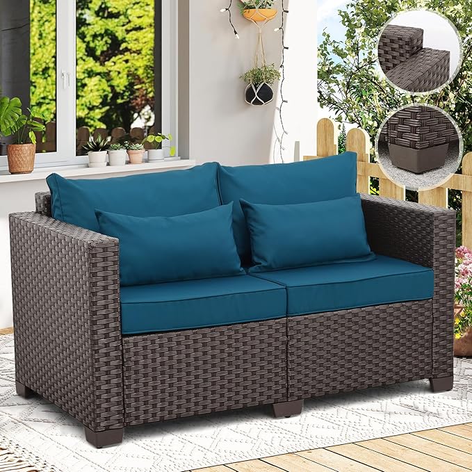 Rattaner Outdoor Furniture Loveseat Sofa Patio Furniture Small Sofa 2 Seater Couch with Anti-Slip Cushions Lumbar Pillow and Waterproof Cover, Peacock Blue