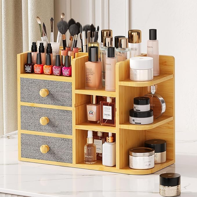 Makeup Organizer Countertop With Brush Holder For Vanity, Large Bamboo Bathroom Counter Organizers And Storage,Cosmetic Skincare Perfume Organizer With 3 Makeup Brush Holder/3 Drawer/7 Storage Shelves
