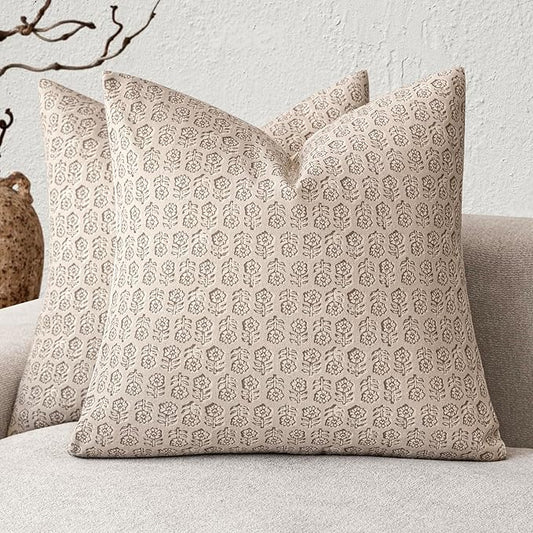 Foindtower Set of 2 Decorative Vintage Floral Print Throw Pillow Covers Neutral Modern Farmhouse Cushion Covers Boho Home Decor for Sofa Couch Chair Bedroom Living Room Outdoor,20×20 Inch,Ivory Beige
