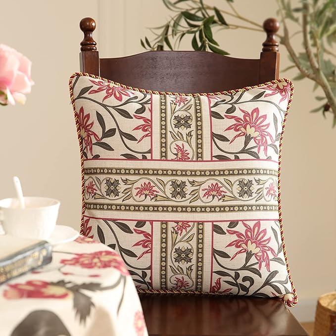 patdrea Designer Throw Pillow Covers 18X18 Inches,Vintage Red Linen Pillowcases with Leaves and Flower Pattern Pillows Cover for Couch,Decorative Square Cushion for Living Room Outdoor,Set of 2
