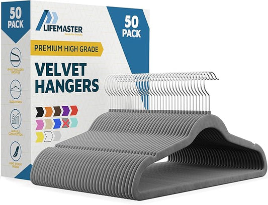 Velvet Non-Slip Hangers - 50 Pieces Non-Slip Coat Hanger Set with 360° Swivel Hook, Space-Saving, Sleek Design, Keep Closet Organized, Smooth Velvet Finish, Lightweight Construction - Gray