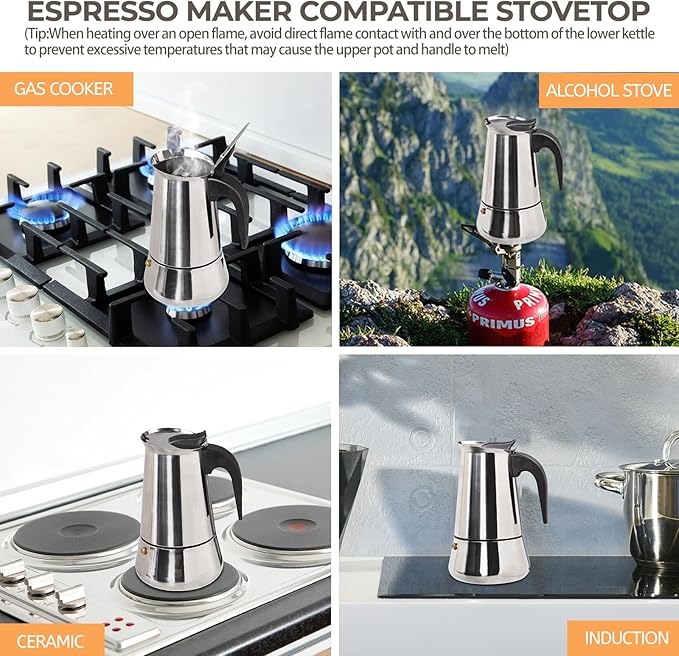 2 Cup 100ml Moka Pot Stainless Steel Espresso Coffee Maker Stovetop Percolator Coffeemaker Italian Classic Style Brewing Greca Cafe Mocha Machine for Cafeteras Lover Camping Travel and Home Use 3.3oz