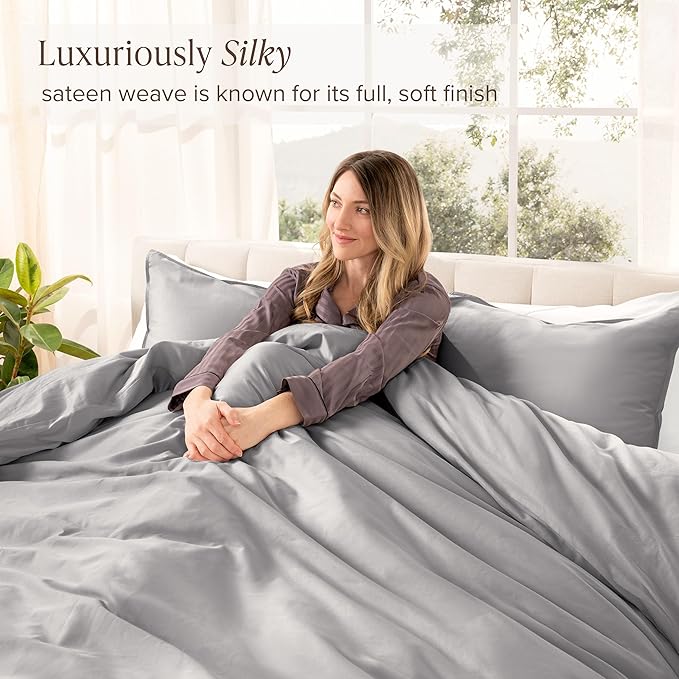 Bare Home 100% Organic Cotton Sateen Duvet Cover Set - Full/Queen Size - 400 Thread Count - Smooth Sateen Weave - Warm & Luxurious - Duvet Cover (Full/Queen, Light Grey)