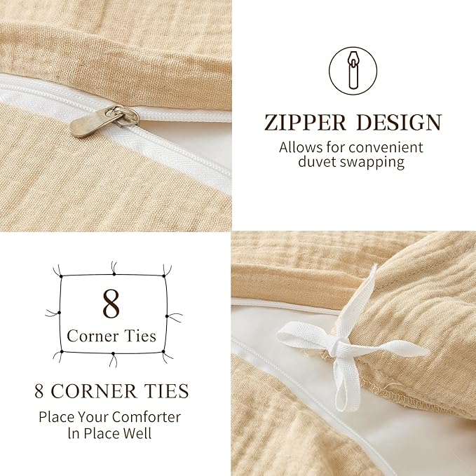 MEISHANG Muslin Duvet Cover Queen Size - 100% Organic Cotton, Soft Textured Gauze Weave Comforter Cover for Breathable All-Season with Zipper Closure - 3 Piece Set (Queen, Linen)