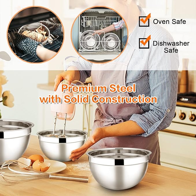 E-far Stainless Steel Mixing Bowls with Lids, 7-Piece Metal Nesting Bowls with Colorful Airtight Lids for Saving Storage Space, Size 7, 4.6, 3, 2, 1.5, 1, 0.7QT, Great for Baking/Cooking/Prepping