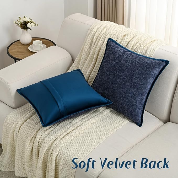 FUTEI Navy Blue Chenille Throw Pillow Covers 24x24 Inch Set of 2,Soft Cozy Bound Edge Design European Cushion Cover,Home Decor for Couch Bed Living Room